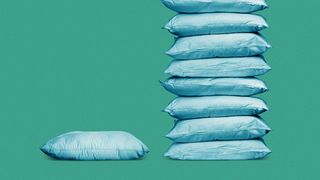 Illustration of a single pillow next to a stack of many pillows.